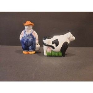 VINTAGE Clay Art FARMER & COW SALT & PEPPER Shaker SET SHAKERS - C.A. Signed